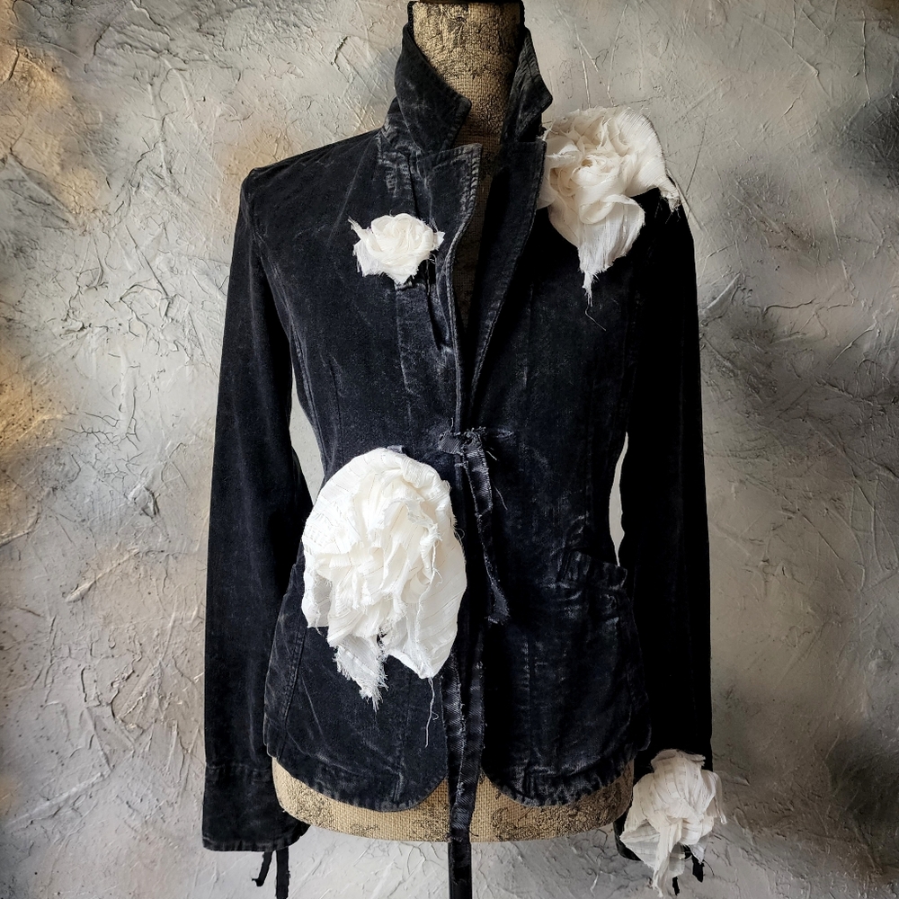 Designer Blazer Distressed Black Velvet European Cotton Silk Magnolia/Rose 3D pi